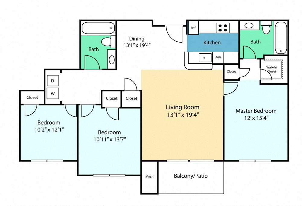 Floor plan for 3 beds, 2 baths, 1292 sqft